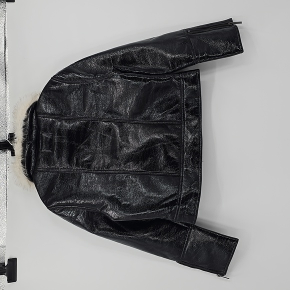 Unreal Fur Wet Look Aviator Black Vegan Leather Women's Jacket - Picture 4 of 9